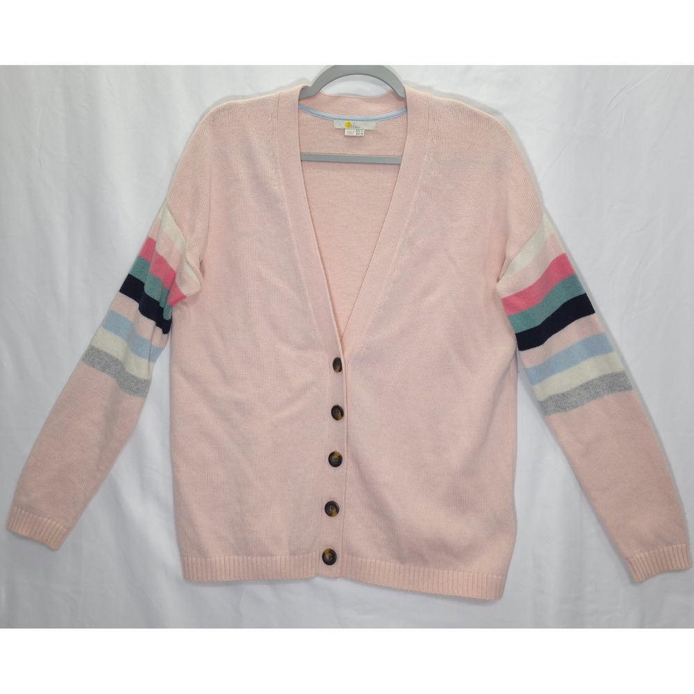 Boden Cardigan Sweater Rainbow Stripe Sleeve Cashmere Blend Pink Women 10 Preppy